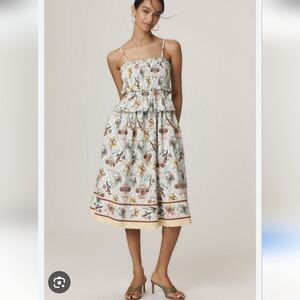 Anthropologie Floral  Smocked Midi Dress in Cream Size M